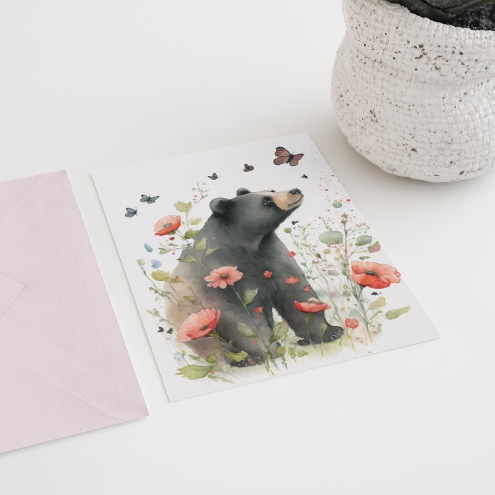 Watercolor Floral Black Bear Portrait Wall Art Illustration Print Unframed - Picture 6 of 6